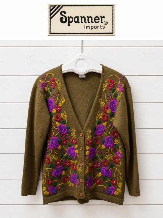 SPANNER Sweaters - Spanner Imports Embroidered VINTAGE Cardigan – Olive Green – Size M